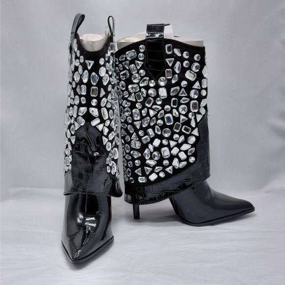 Lauren Lorraine Hana Rhinestone Cowboy Boots Black Western Glam Size 8 Cowgirl - Picture 2 of 12